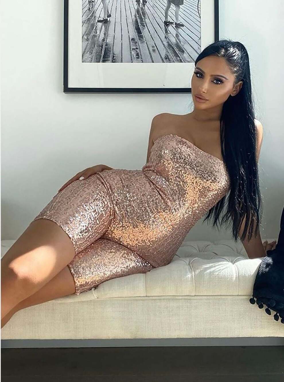 Fashion Nova Birthday Bash Sequin Romper in Rose Gold